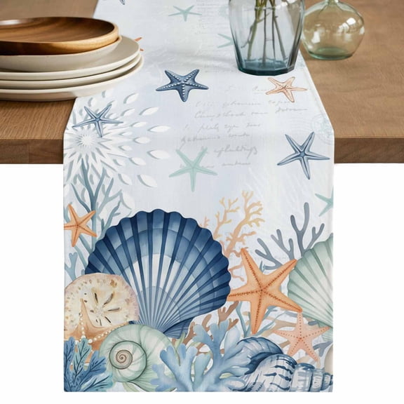 Navy Blue Coastal Table Runner 72 Inches, Shell Starfish Coral Nautical Summer Ocean Bed Runner Dresser Scarves Tabletop for Indoor Outdoor Parties/Ceremony/Banquet, 18" x 72"