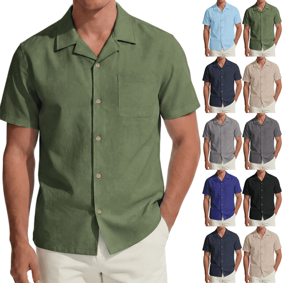 Frnrwgo Men's Short Sleeve Shirt Linen Button Casual Solid Color with Pocket Lightweight Breathable Summer Tops