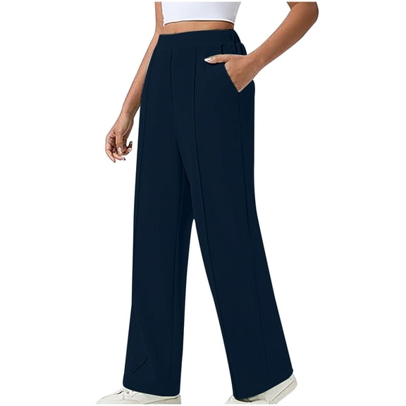 cocolona Womens Summer Casual High Waist Pants Elastic Waist Loose Straight Wide Leg Work Pants with Pocket