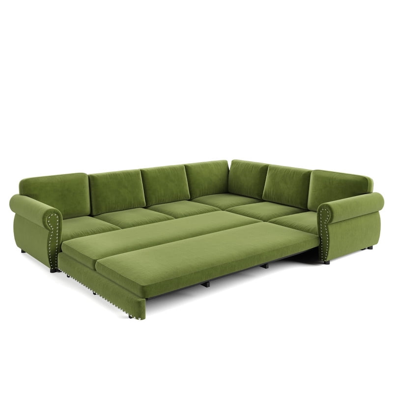 118" L-Shaped Convertible Sleeper Couch Bed, Chenille Upholstered Sectional Sofa with Pull-Out Sofa Bed, Modern Chesterfield Sofa for Living Room