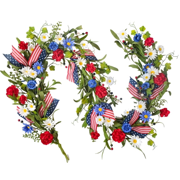 4th of July Front Door Garland Wreath -5.9Ft Patriotic Garland with Red, White & Blue Flowers and Leaves for Arch Wall Table Party - Memorial Day, Independence Day Indoor & Outdoor Decor