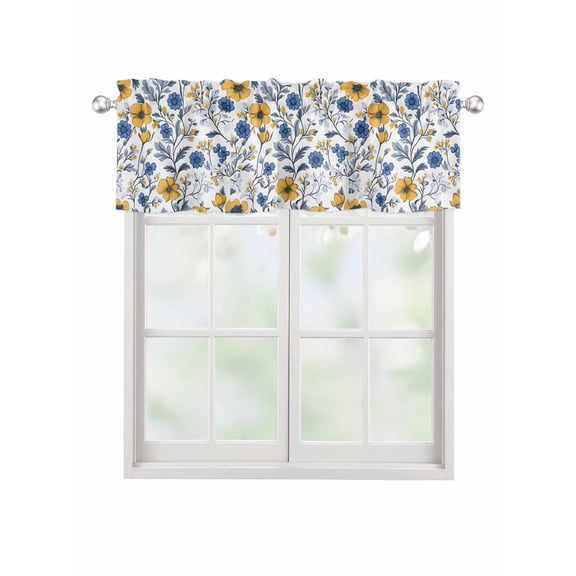 Valances for Windows Vintage Yellow Blue Flower Rod Pocket Cafe Window Treatments Valance Curtains for Kitchen Bathroom Laundry Basement Windows 42"x12"