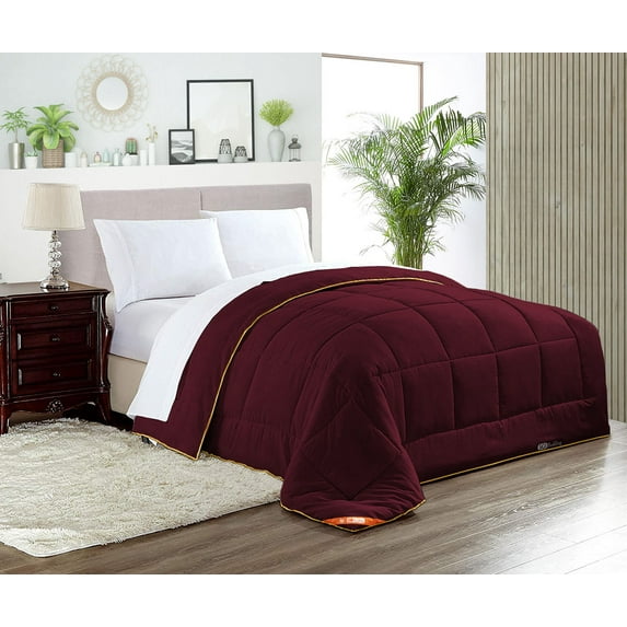 Super King Comforter Solid Wine 300 GSM Plush Siliconized Microfiber Fill Duvet Insert Box Stiched Quilted Fluffy Soft 600 TC Egyptian Cotton Shell with Piping & Pillowcases
