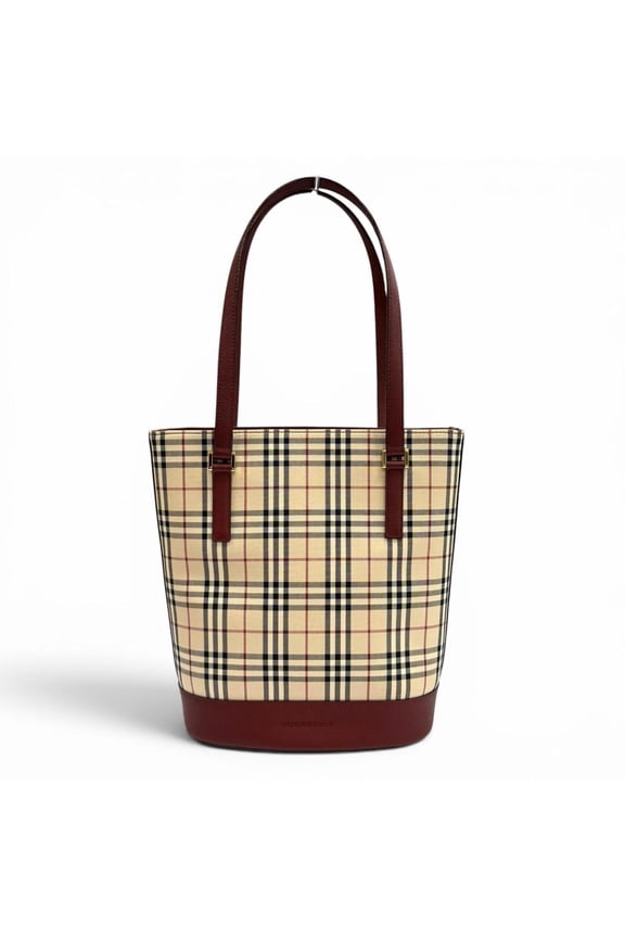 Pre-Owned BURBERRY Vintage Logo Nova Check Pattern Leather Tote Bag in Beige and Bordeaux -...