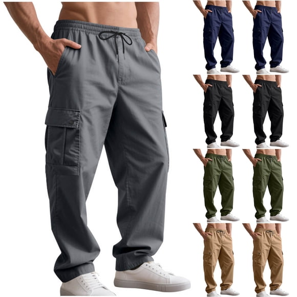 YOIAVAIOY Mens Casual Cargo Pants Hip Hop Streetwear Pants Drawstring Waist Straight Wide Leg Trousers with Multi Pockets Black M
