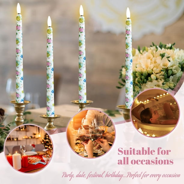 6pcs Printed Flameless Taper Candles, 11 Inch LED Candlesticks Battery Operated with 10-Key Remote and Timer, 3D Flickering Flame Lights for Wedding