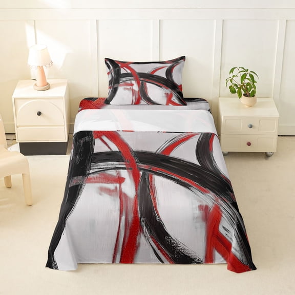 Homewish Red Black Circle Twin Sheets,Modern Abstract Bedding,3 Pieces,1 Fitted Sheet and 1 Pillowcase