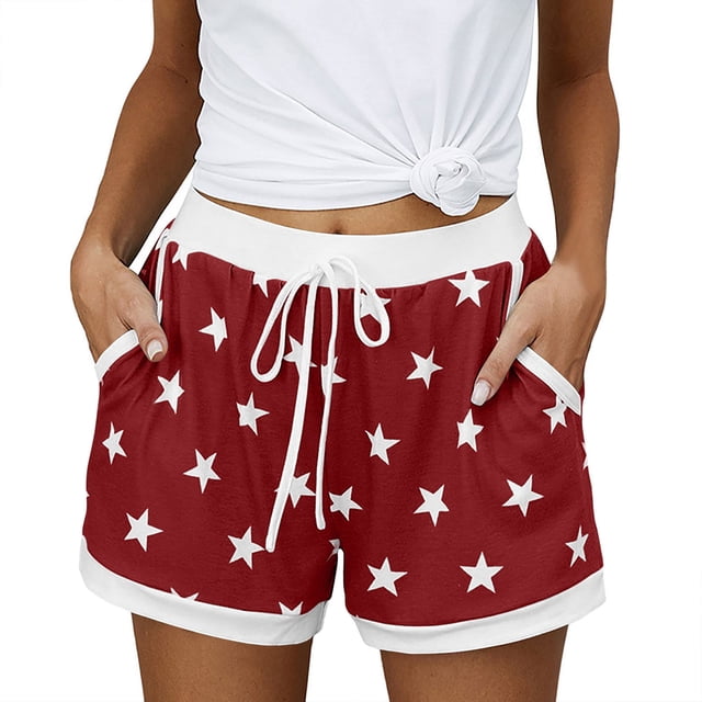 Pantalones Cortos Casuales de Verano para las Mujeres Bolsillo de Cordón de la Estrella de la Moda, Pantalones de Cintura Elásticos para Dormir en el Hogar