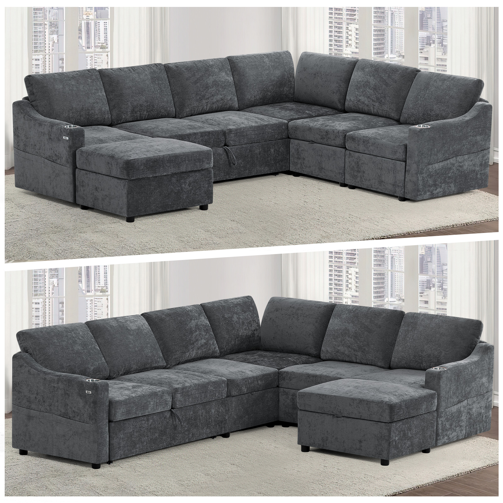 ACMEASE 116 Inches Chenille Sectional Couch w/Adjustable Backrests & Ottoman, Convertible U Shape Sleeper Sofa w/USB Ports, Modular Corner Sofa w/Pull-Out Bed & Storage Space for Living Room, Grey