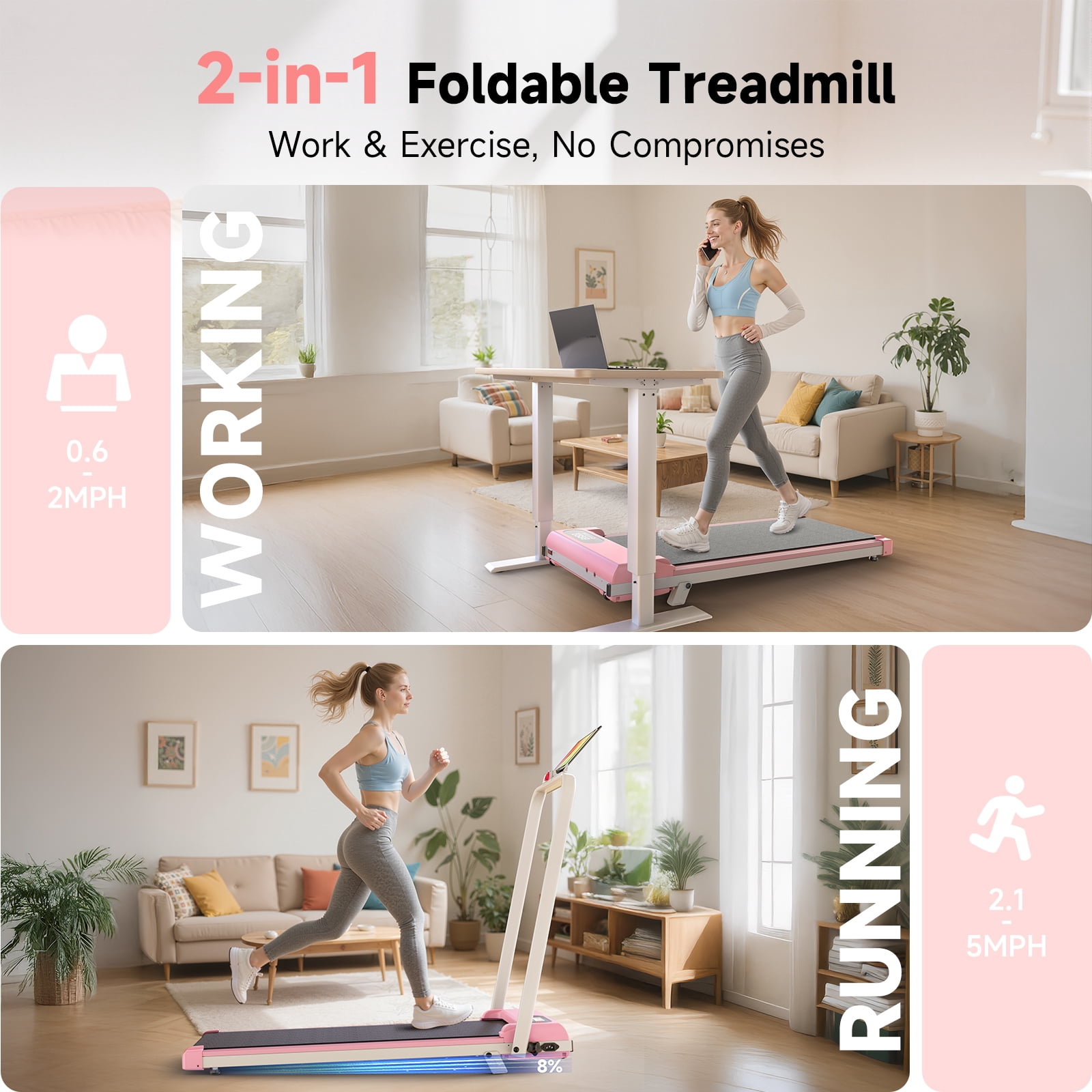 Evitormill 4 in 1 Foldable Treadmills with Handle/Handrails - 2.5HP Low Noise Folding Walking Pad, Supports 265 Lbs (Pink)