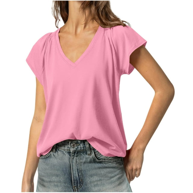 Liquidation! Hauts Grande Taille pour Femmes, Blouse à Manches Courtes d'Été pour Femmes, Blouse Décontractée à Manches Courtes Unie Col en V pour Femmes