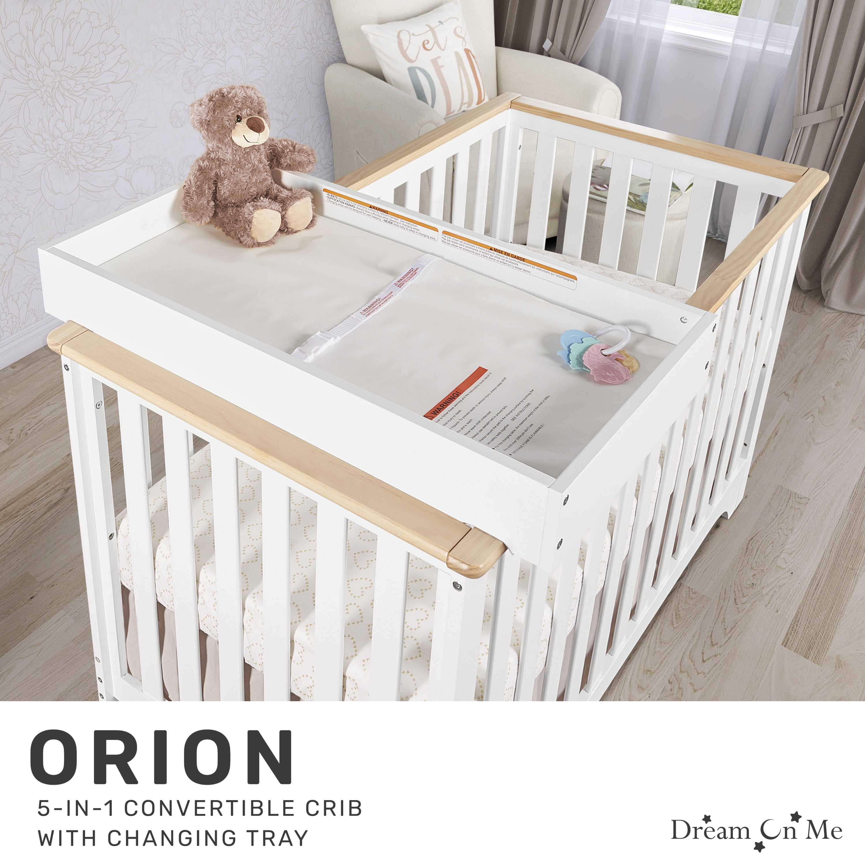 Dream On Me Orion 5-in-1 Convertible Crib with Removable Changing Tray, Vintage White Oak
