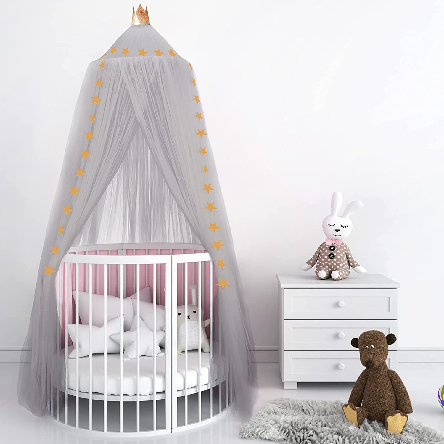 Bed Canopy for Kids Girls Boys Baby Crown Princess Canopy Round Dome Stars Mosquito Net Tent Bedroom Indoor Outdoor Castle Crib Canopy for Children
