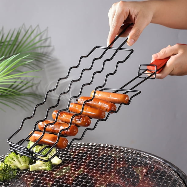 Cesta de acero inoxidable para parrilla de perritos calientes y salchichas - Bandeja antiadherente para barbacoa para pescado, hamburguesas y verduras con asa de cierre