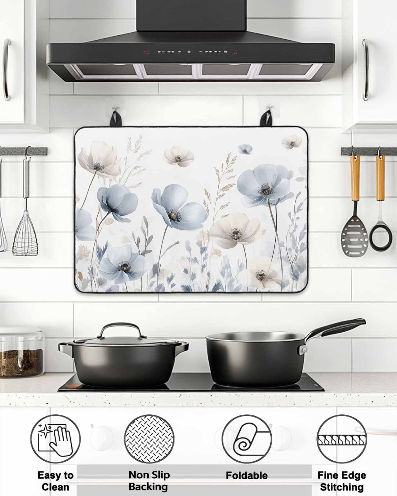 Stove Top Covers for Electric Stove, Blue Beige Spring Floral Glass Stovetop Cover Protector, Summer Botanical Watercolor Induction Cooktop Protector Oven Mat for Kitchen Countertop 31"x24"