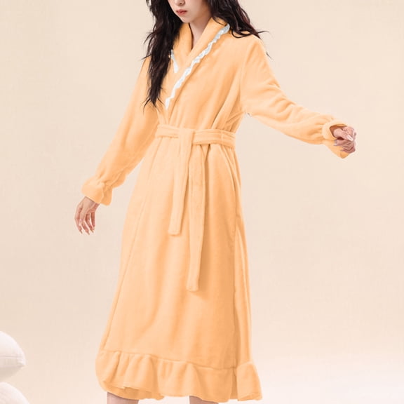Bathrobes For Women Flannel V Neck Lapel Belt Ruffled Hem Long Pajama Thick Thermal Soft Comfy Home Wear (XL, Yellow)