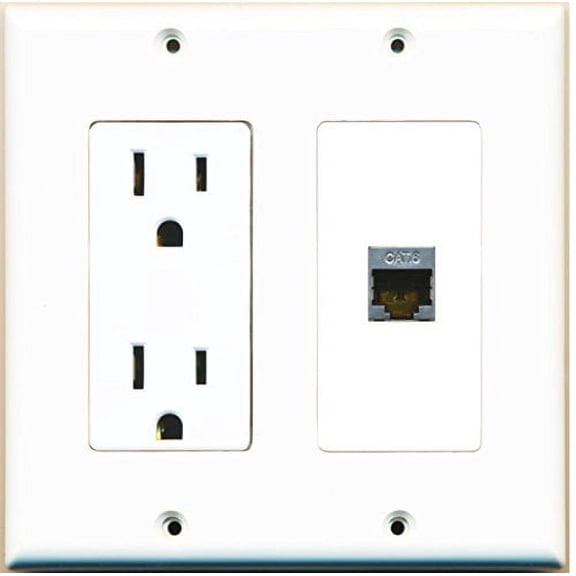 RiteAV - 15 Amp Power Outlet and 1 Port Shielded Cat6 Ethernet Decorative Type Wall Plate White