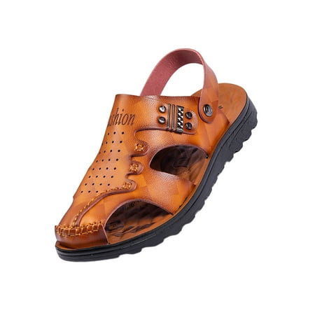 

Daeful Men Sandals Slip On Slide Sandal Beach Casual Shoes Wear Resistant Summer Shoe Mens Stitching Yellow Brown 1# 6