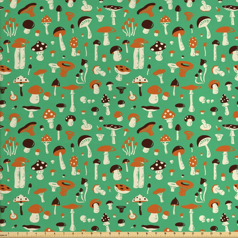 Mushroom Fabric by the Yard, Fungi Medley Amanita Orange Cap Boletus