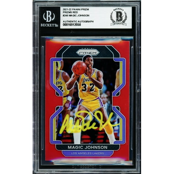 Magic Johnson Autographed 2021-22 Panini Prizm Prizms Red Card #248 Card Los Angeles Lakers #/299 Beckett BAS 235066