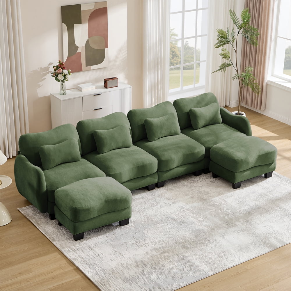 Bocarali 131.5 Modular U Shaped Cloud Couch Sectional Sofa 3 Seater Comfy Chenille Sectional Couches with 2 Ottoman Pillows Green