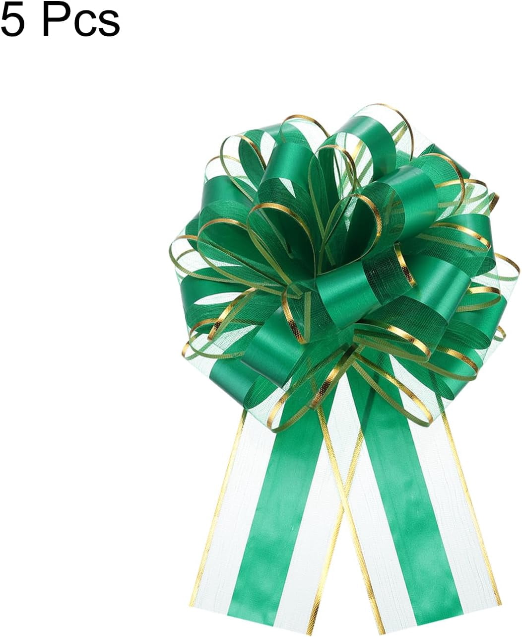 5pcs 6 Inch Large Big Pull Bow with Gold Edge, Organza Car Gift Wrapping Bows Ribbon for Wedding Baskets Presents Christmas Bow, Green