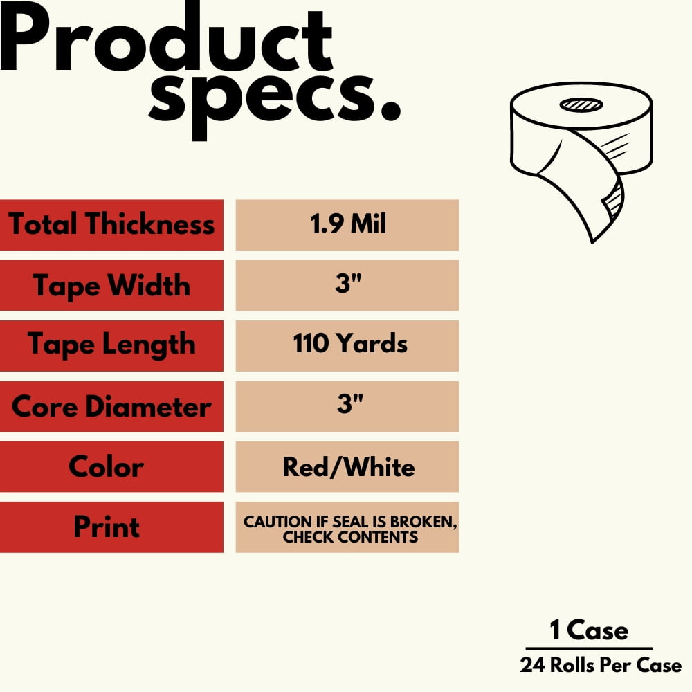 MMBM Tamper-Proof Security Tape, 3" x 110 Yards, Red/White Stripes, Tamper-Evident & Cargo Protection, 24 Rolls