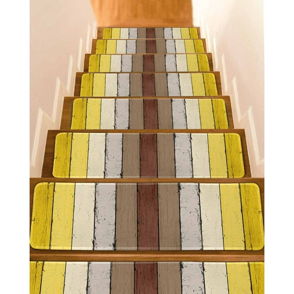 Yellow Brown Stair Treads for Wooden Steps Indoor Runner Rug Carpet, Farmhouse Wood Grain Vintage Striped 7 Pieces Peel and Stick Staircase Step Treads Covers Washable Throw Door Mats, 30"x8"
