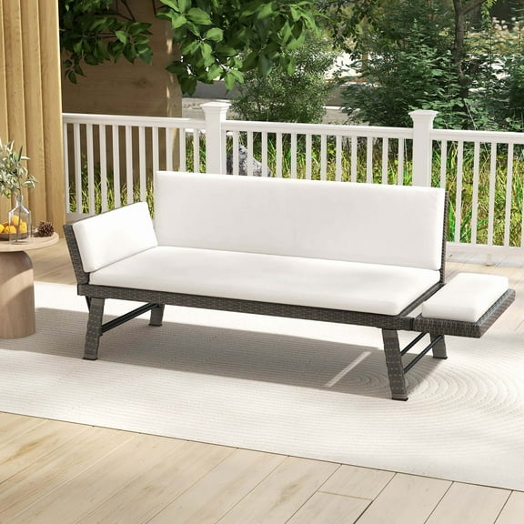 Costway Outdoor Convertible Sofa Daybed with Adjustable Armrests Removable Cushions White