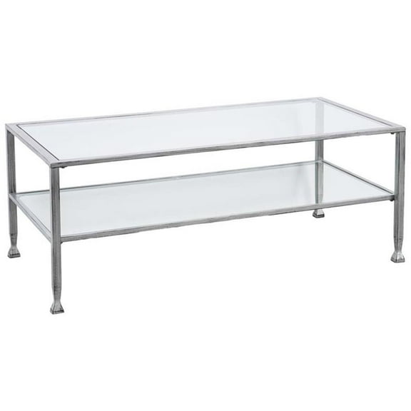 Maklaine Tempered Glass Top Metal Coffee Table in Silver Finish
