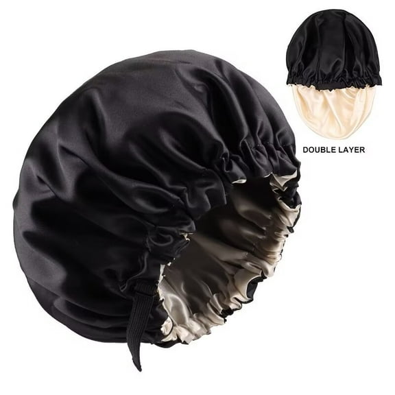 AmaMary Women's Curly Hair Non-slip Silk Sleeping Hat, Large Double Layers Two Colours Reversible Satin Sleeping Hat, Adjustable Hair Hat Sleeping Hat