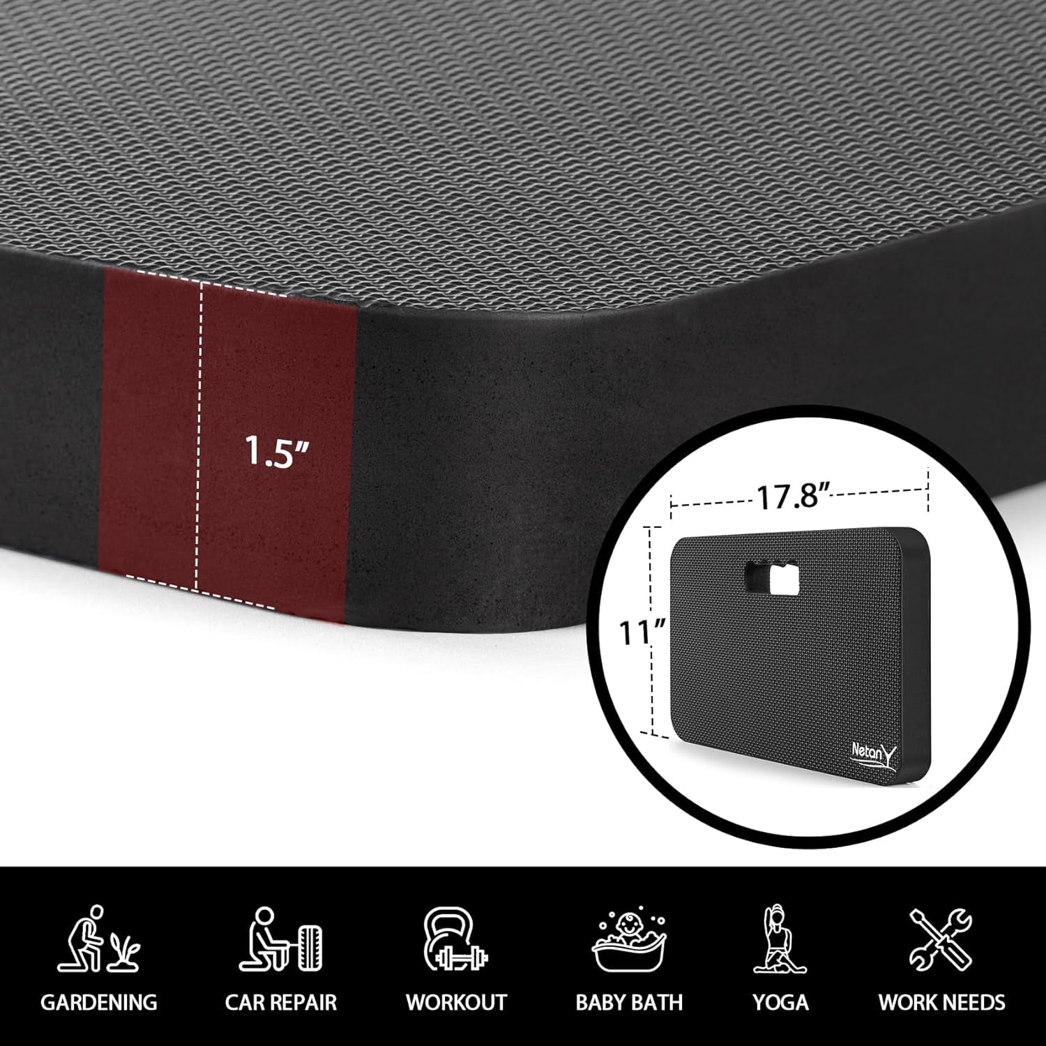 Extra Thick Kneeling Pad for Gardening, Comfortable Knee Pad Cushion, Extra Large Foam Kneeler Mat for Gardening, Baby Bath, Workout, Exercise & Yoga, Mechanic, 17.8 x 11 x 1.5 in, Black