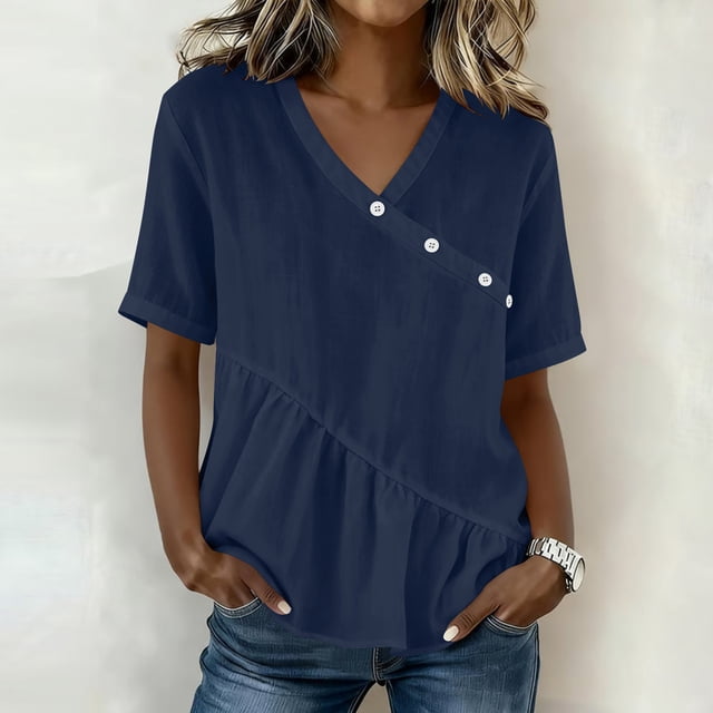 Craaazy Women's Plus Size Versatile Solid Color Cotton Linen V-Neck Short Sleeve T-shirts with Ruffle Trim for Daily Wear
