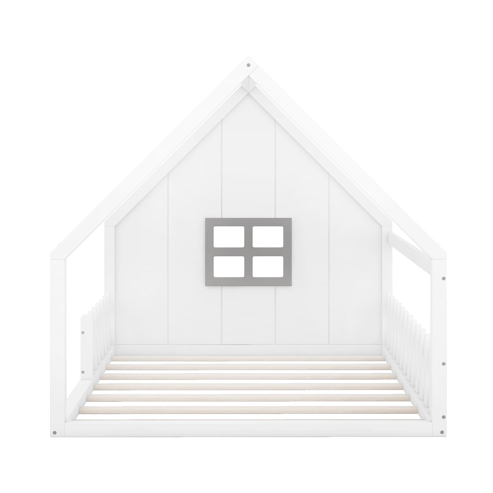 Bellemave House Bed Full Size Floor Bed with Fence Railings and Window, Wooden Montessori Floor Bed,Full Size Bed Frame,White