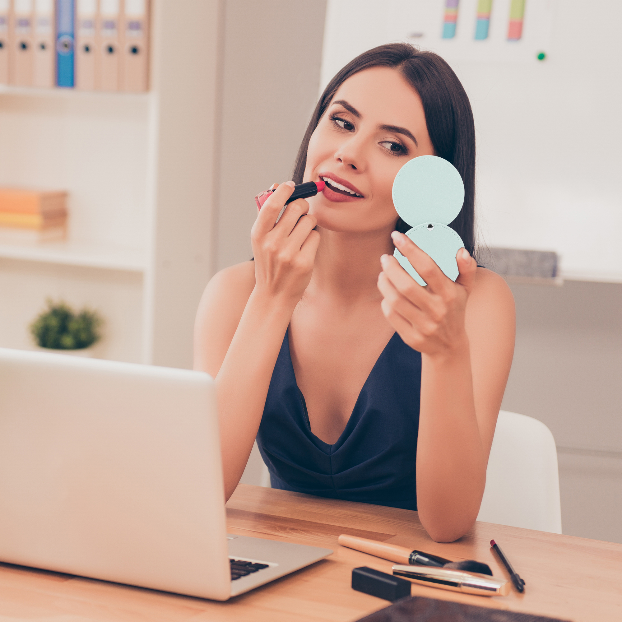 Unique Bargains Rotating Circle Makeup Mirror Blue