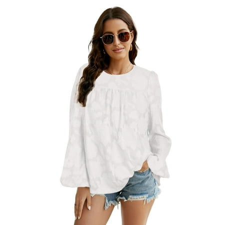 Womens Long Bell Sleeve Blouse Summer Crewneck Lace Tops Floral Textured Babydoll Shirts