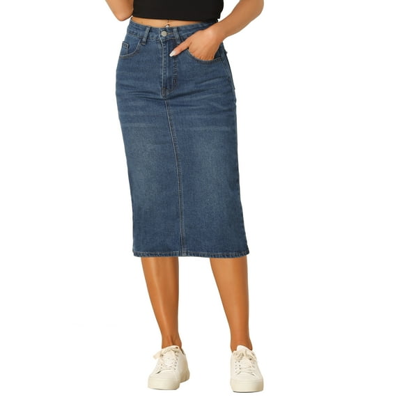 INSPIRE CHIC Style Jupes en Denim pour Femmes Taille Haute à Fermeture Éclair Fente Arrière Jupes Midi en Jean avec Poches Bleu TP