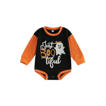 

Asashitenel Infant Baby Girls Boys My 1st Halloween Romper Letter Cartoon Ghost Print Round Neck Long Sleeve Casual Playsuit Tops