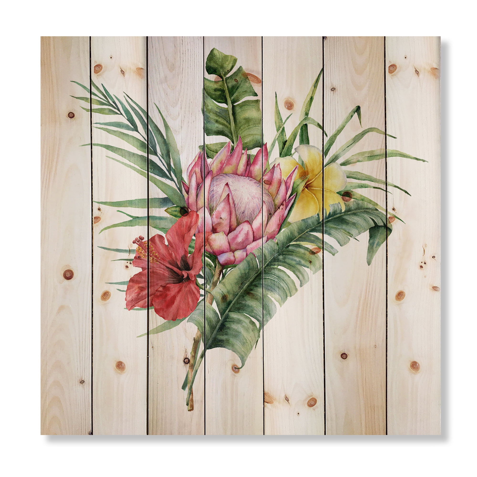 Designart 'Flowers Bouquet With Protea Plumeria Hibiscus' Traditional Print on Natural Pine Wood