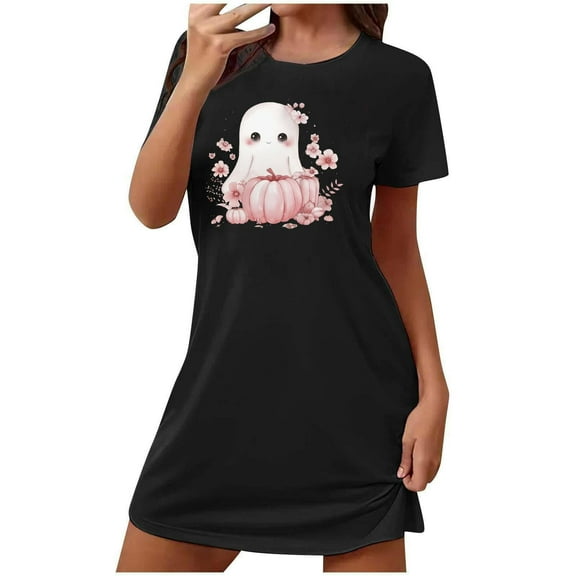 Cxenplz Women's Novelty Halloween Nightgown Funny Pumpkin Ghost Graphic Sleepshirt Loose Crew Neck Short Sleeve Pajamas Dress