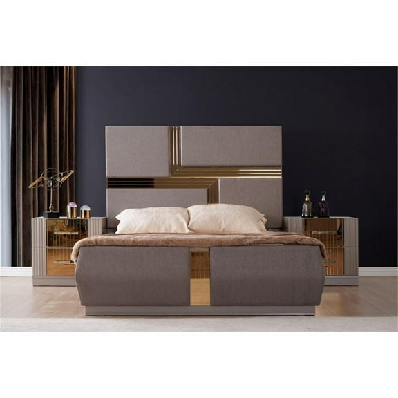Pemberly Row Gold Detailed Tufted Queen Bed made with Wood in River Sand Gray