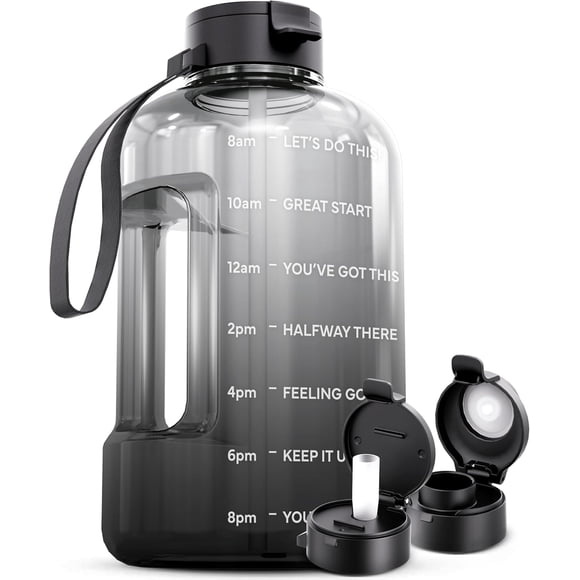 Aquafit Botella De Agua De 128 Oz Con Marcador De Tiempo – Tapa Con Pajita Y Chupete – Botella De Agua De Gimnasio De 1 Galón Sin Bpa Con Asa – Jarra Grande De Un Galón (Gris Medianoche 128 Onzas)