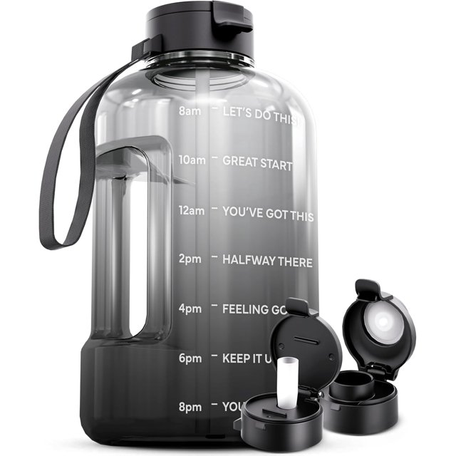 Aquafit Botella De Agua De 128 Oz Con Marcador De Tiempo – Tapa Con Pajita Y Chupete – Botella De Agua De Gimnasio De 1 Galón Sin Bpa Con Asa – Jarra Grande De Un Galón (Gris Medianoche 128 Onzas)