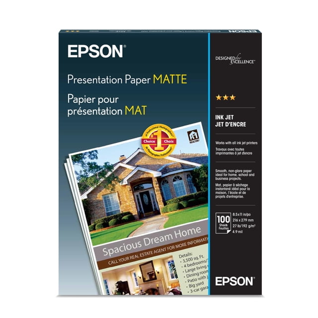 Papel Epson para presentaciones mate, 8.5 x 11 pulgadas, 100 hojas, blanco