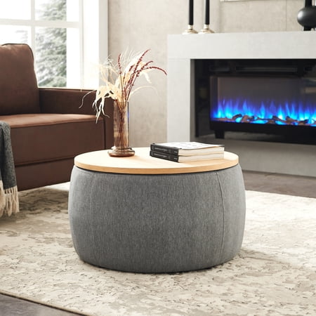 MOONMISS Round Storage Ottoman,25.5'' Foot Rest with Storage,Work as Side Table & Ottoman & Seat,Dark Grey