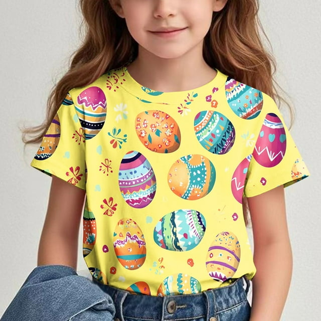 Amzcrzy Tenue de Pâques pour Garçons et Filles 3-14 Ans T-Shirts Unisexes à Col Rond Imprimé Mode Décontracté Été Manches Courtes Hauts pour Filles Garçons