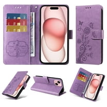 Compatible with iPhone 15 Plus Wallet Case with Card Holder & Cash Slot [RFID Blocking],Wallet Wristlet Pressed Butterfly Flower PU Leather Magnetic Flip Folio Cover for Women Men,Purple