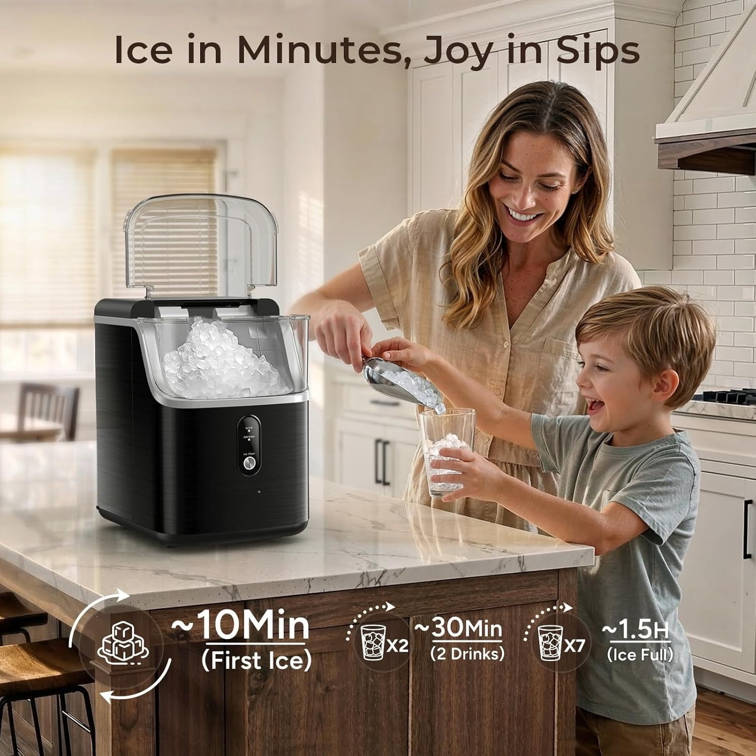 Nugget Ice Maker Countertop: 33lb/Day, Self-Cleaning, Black Stainless Steel, Portable, Soft Chewable Pebble Ice Machine for Home Kitchen, RV & Office