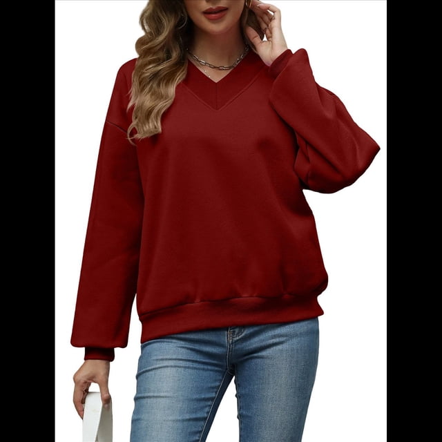 Sudadera de Cuello en V de Gran Tamaño para Mujer, Sudadera de de Larga, Sudadera con Capucha, Top Cómodo. Vino Tinto L