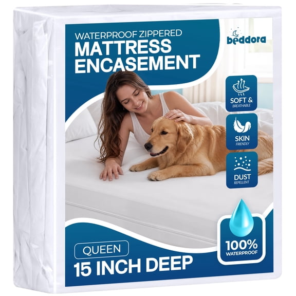 Waterproof Queen Mattress Protector with Zipper, 6-Sided Mattress Encasement, Deep Pocket 16 inch Fit, Breathable Soft Mattress Cover
